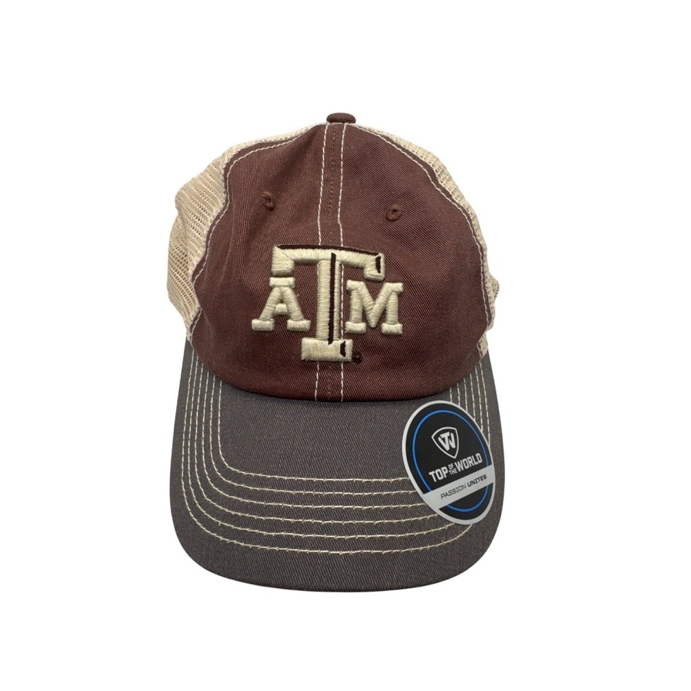 Texas A&M Aggies Brown & Beige Mesh Snapback Hat Top Of The World Adjustable Fit - Picture 1 of 5